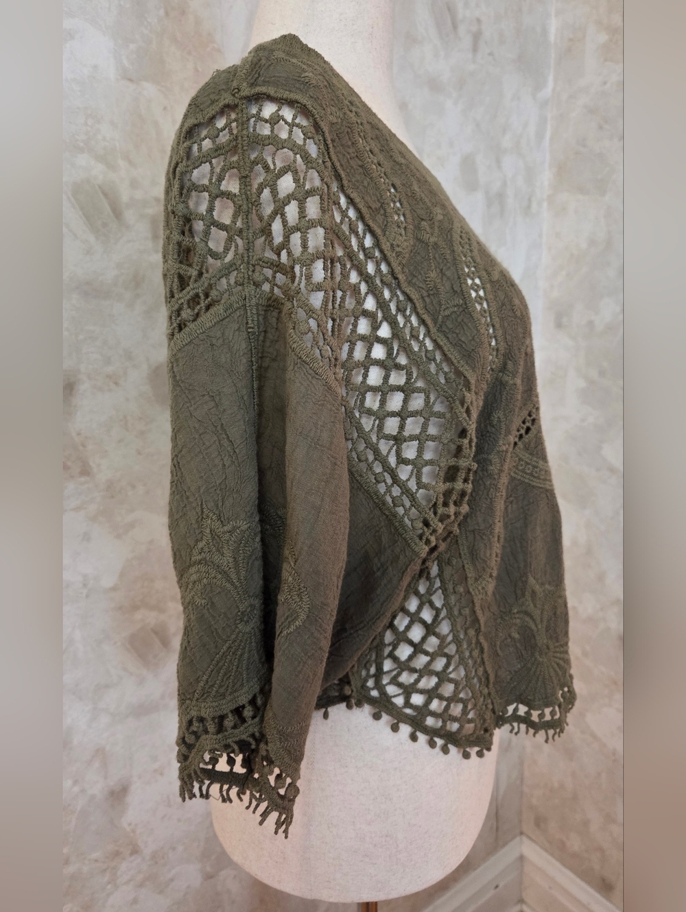Ultra Pink Olive Green Embroidered Crochet Top | Boho Lace Cutwork Blouse - Picture 4 of 7